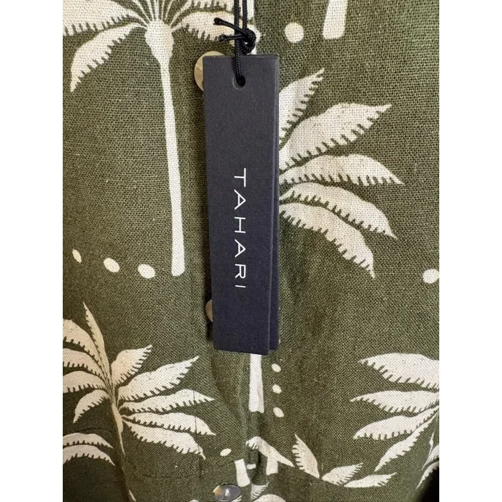 Tahari Olive Green Linen Blend Palm Tree Print Belted Shirt Dress Large NWT